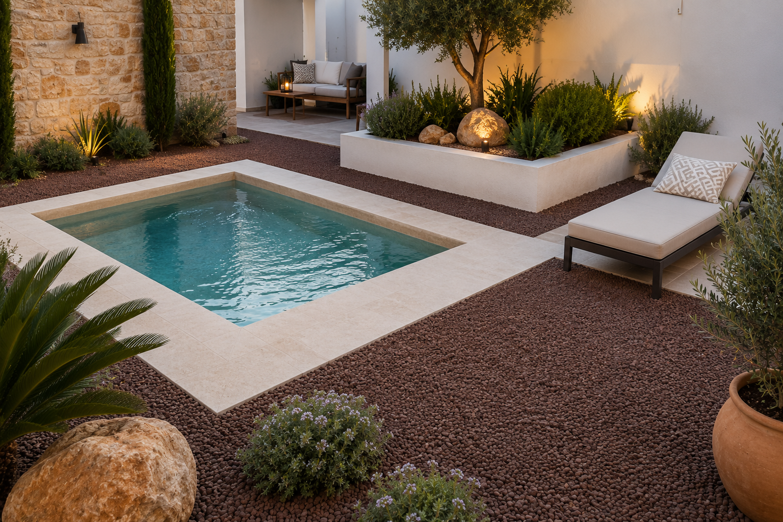 Piscina pequeña con solárium decorado con piedra volcánica roja fina y vegetación mediterránea